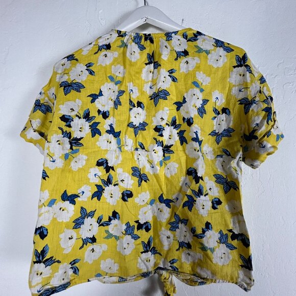 Charter Club Womens Yellow Floral Linen Tie-Front Blouse Top Large Short Sleeve - Picture 2 of 8